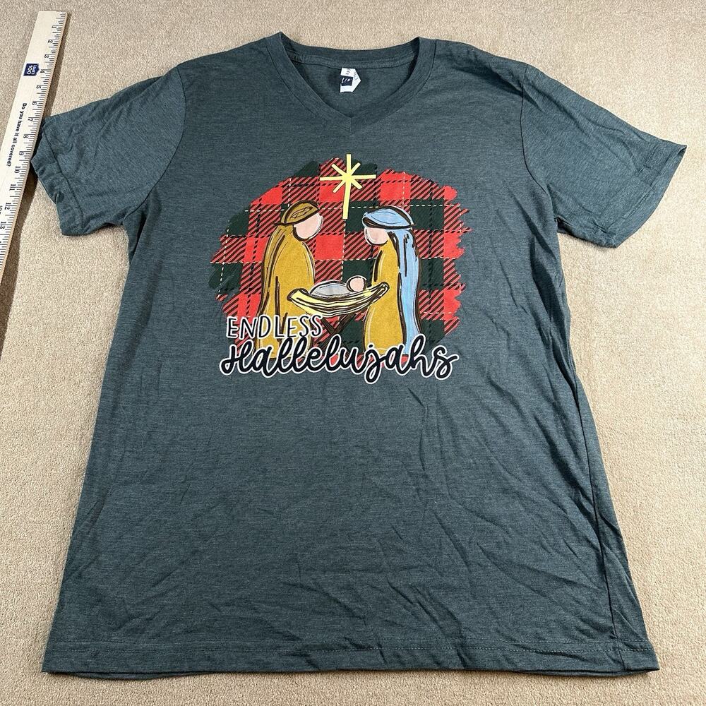 Christmas V-neck Tshirt Endless Hallelujahs. Manger Scene. Large.